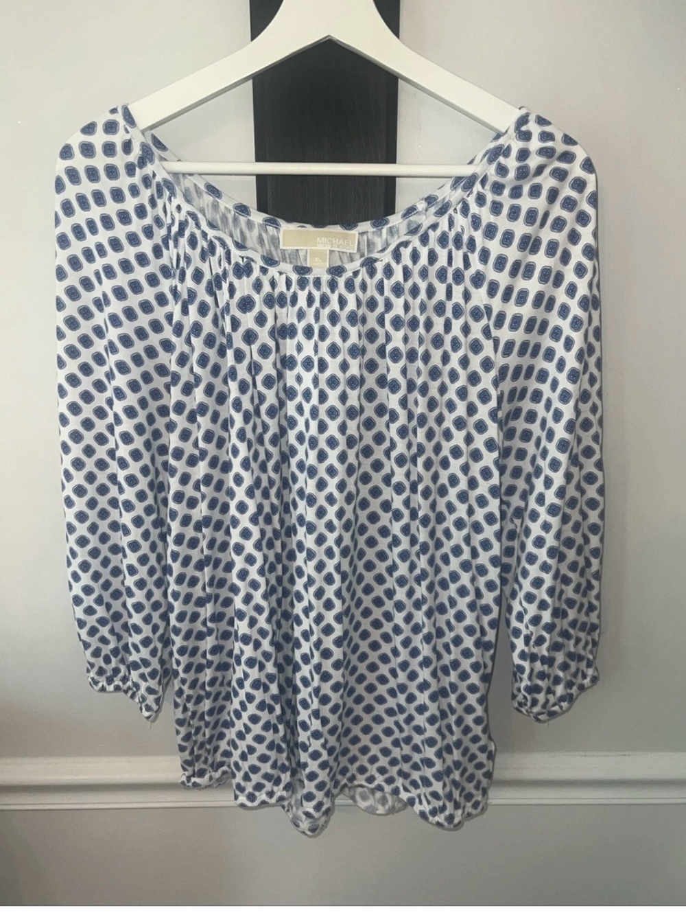 Michael Kors White Blouse with Navy Blue Geometric Print